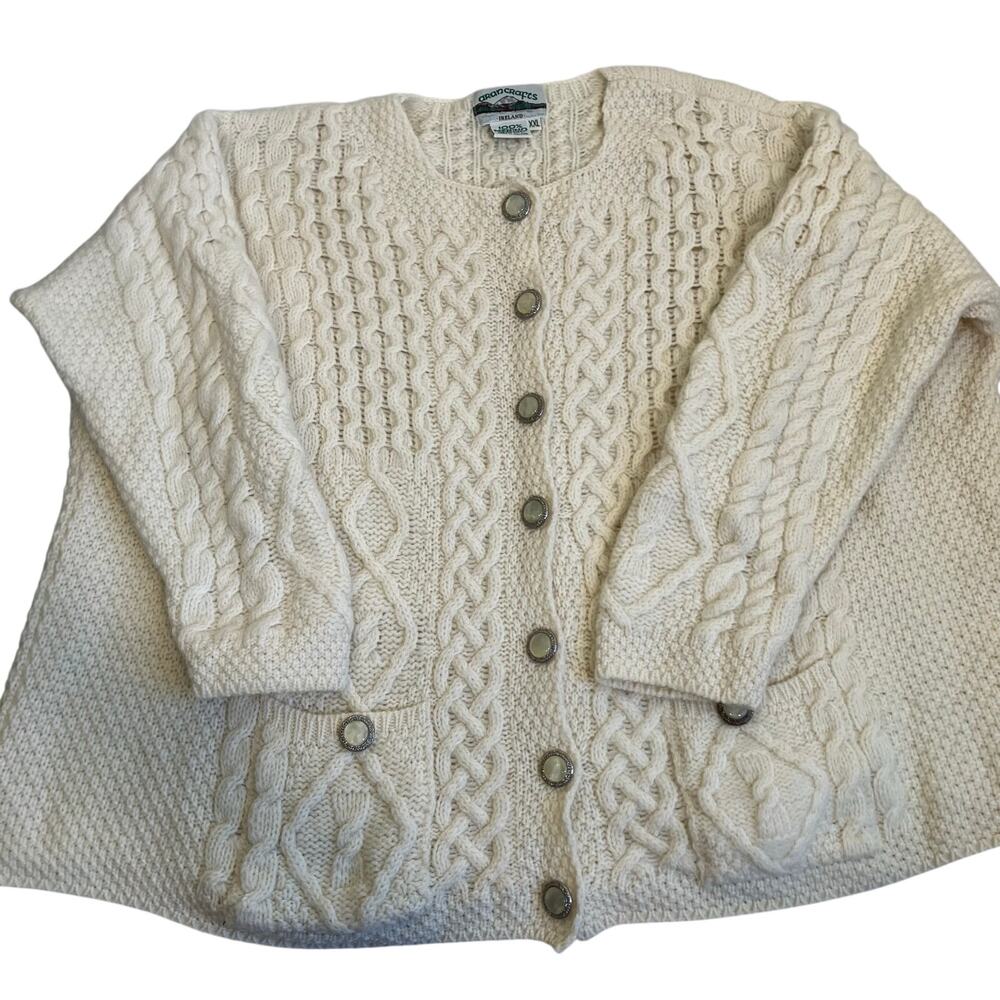 Aran Crafts XXL Vintage Cream Cable Knit Fisherman Cardigan Button-front Pockets - Picture 12 of 16
